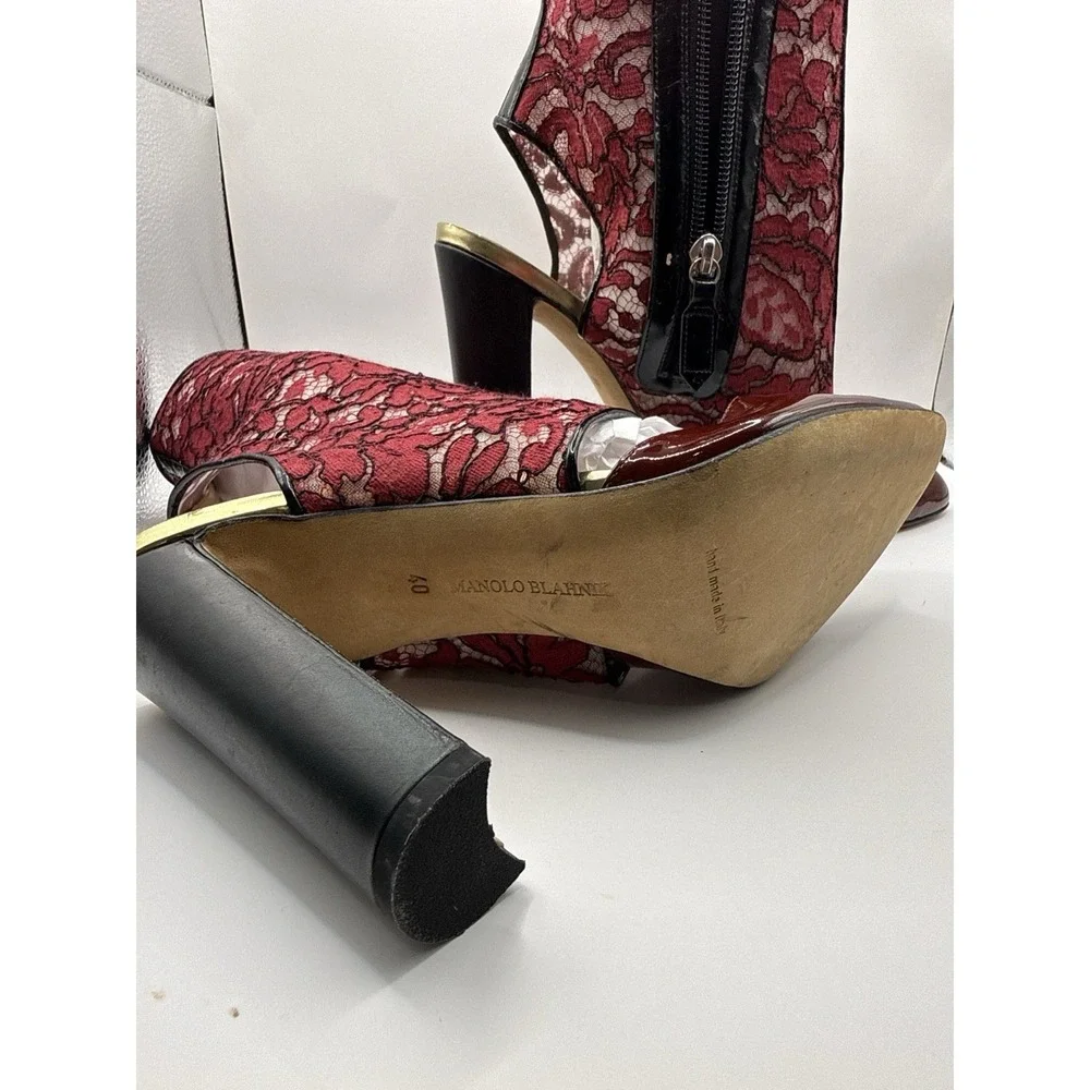 Manolo Blahnik Leather With Lace Floral Overlay . Handmade In Italy Size 9 - 9.5